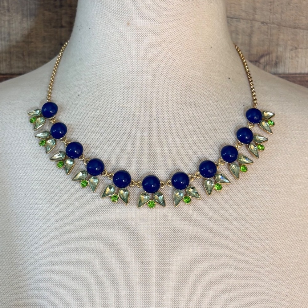 Navy Blue Lime Green Rhinestone Bib Statement Necklace Gold Tone